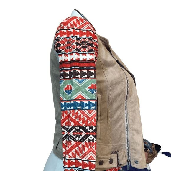 BCBG MaxAzria Womens Peter Jacket S Mixed Media Aztec Moto Asymmetrical - Picture 2 of 13